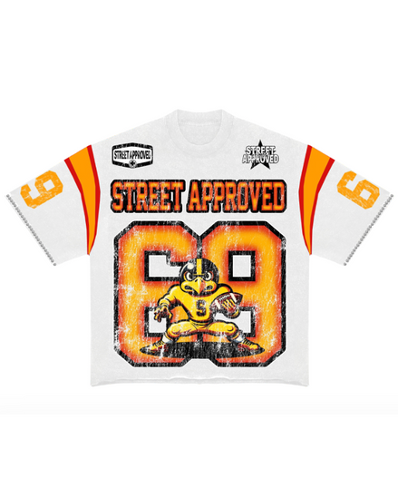 White t-shirt with orange and black graphics and text on a white background