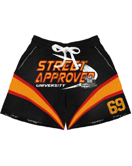 Black shorts with orange and white accents featuring 'Street Approved University' text on a white background.
