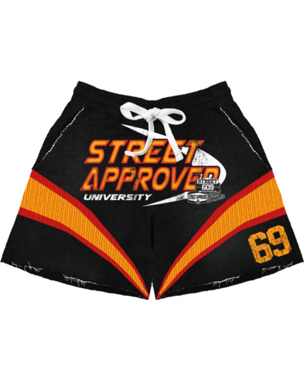 Black shorts with orange and white accents featuring 'Street Approved University' text on a white background.