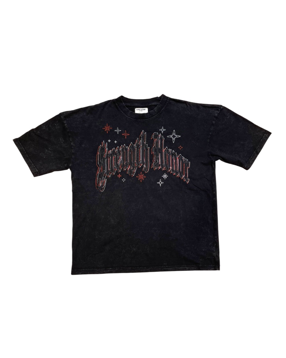 Black t-shirt with graphic design on a white background