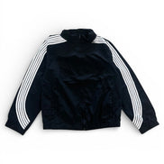 Black jacket with white stripes on sleeves against a white background