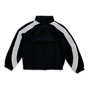 A black track jacket with three white stripes running down the sleeves, displayed flat against a plain white background.