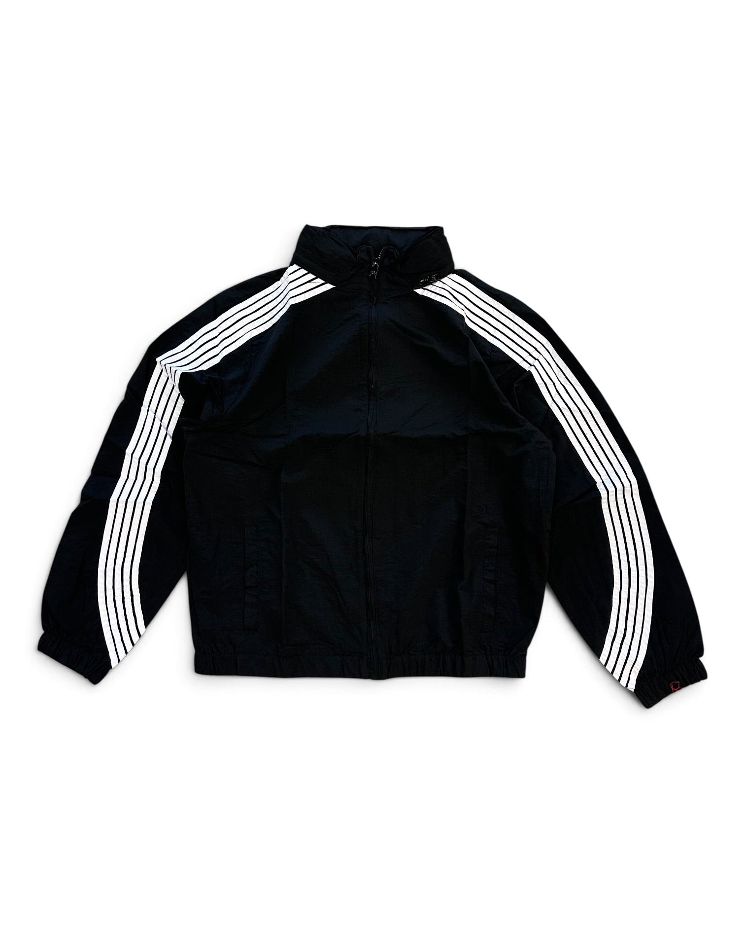 A black track jacket with three white stripes running down the sleeves, displayed flat against a plain white background.