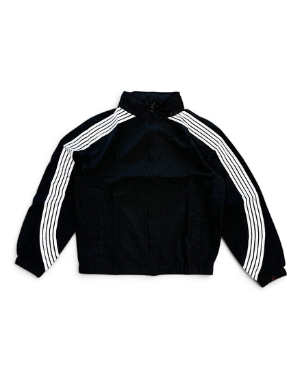 A black track jacket with three white stripes running down the sleeves, displayed flat against a plain white background.