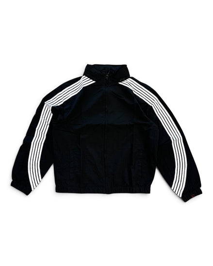 A black track jacket with three white stripes running down the sleeves, displayed flat against a plain white background.