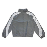 A gray zip-up windbreaker jacket with white three-stripe detailing on the sleeves, laid flat against a white background.