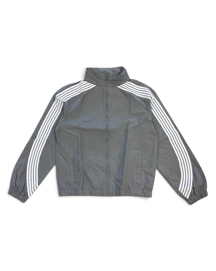 A gray zip-up windbreaker jacket with white three-stripe detailing on the sleeves, laid flat against a white background.