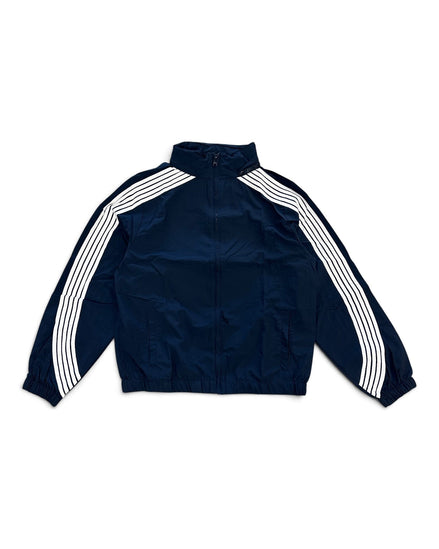 A navy blue track jacket with three white stripes running down the sleeves, laid flat against a white background.