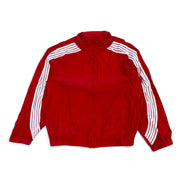 A red zip-up track jacket with white stripes down the sleeves, laid flat against a white background.