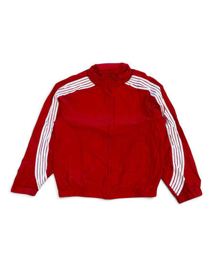 A red zip-up track jacket with white stripes down the sleeves, laid flat against a white background.