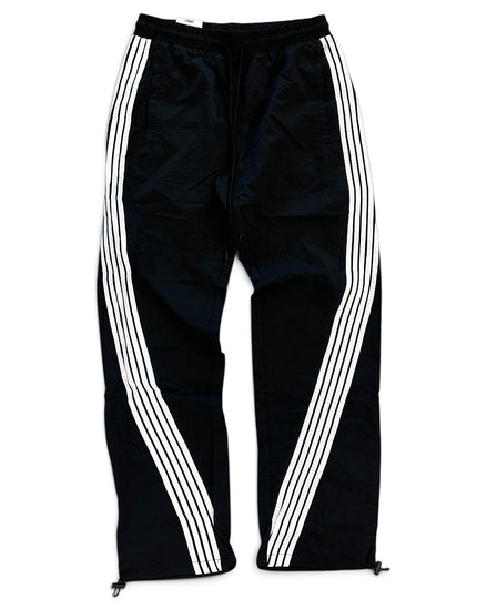 Black track pants with three white stripes running down the sides, featuring an elastic waistband and drawstring.