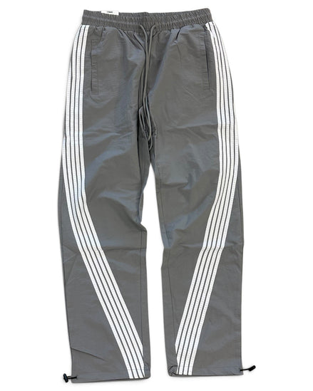 Gray track pants with white diagonal stripes running down the sides, featuring an elastic waistband and drawstring.
