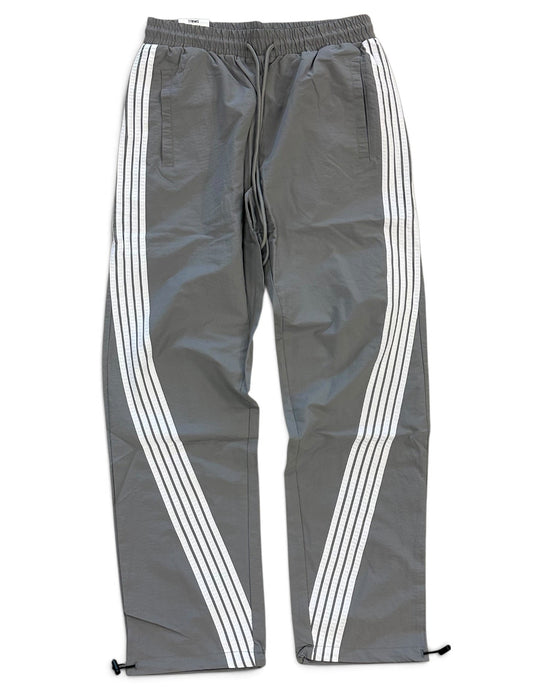 Gray track pants with white diagonal stripes running down the sides, featuring an elastic waistband and drawstring.