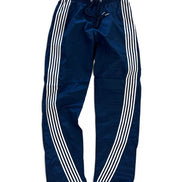 Navy blue track pants with white stripes on a white background