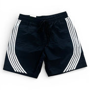 Black shorts with white stripes on a white background