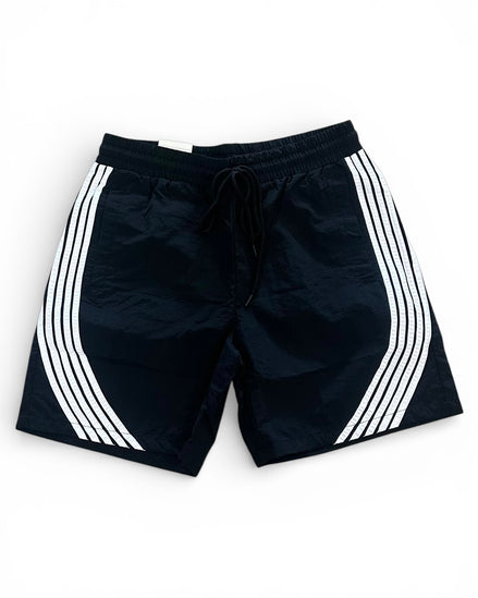 Black shorts with white stripes on a white background
