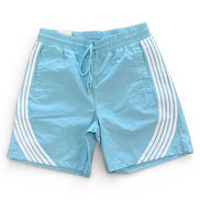 Light blue shorts with white stripes on a white background