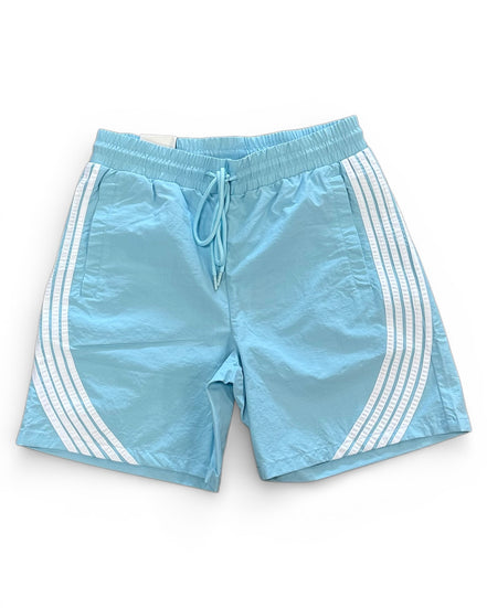 Light blue shorts with white stripes on a white background