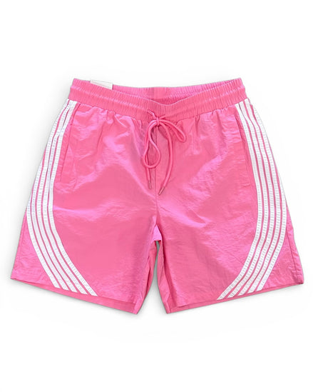 Pink shorts with white stripes on a white background