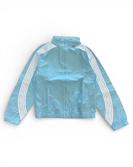 Light blue jacket with white stripes on a white background