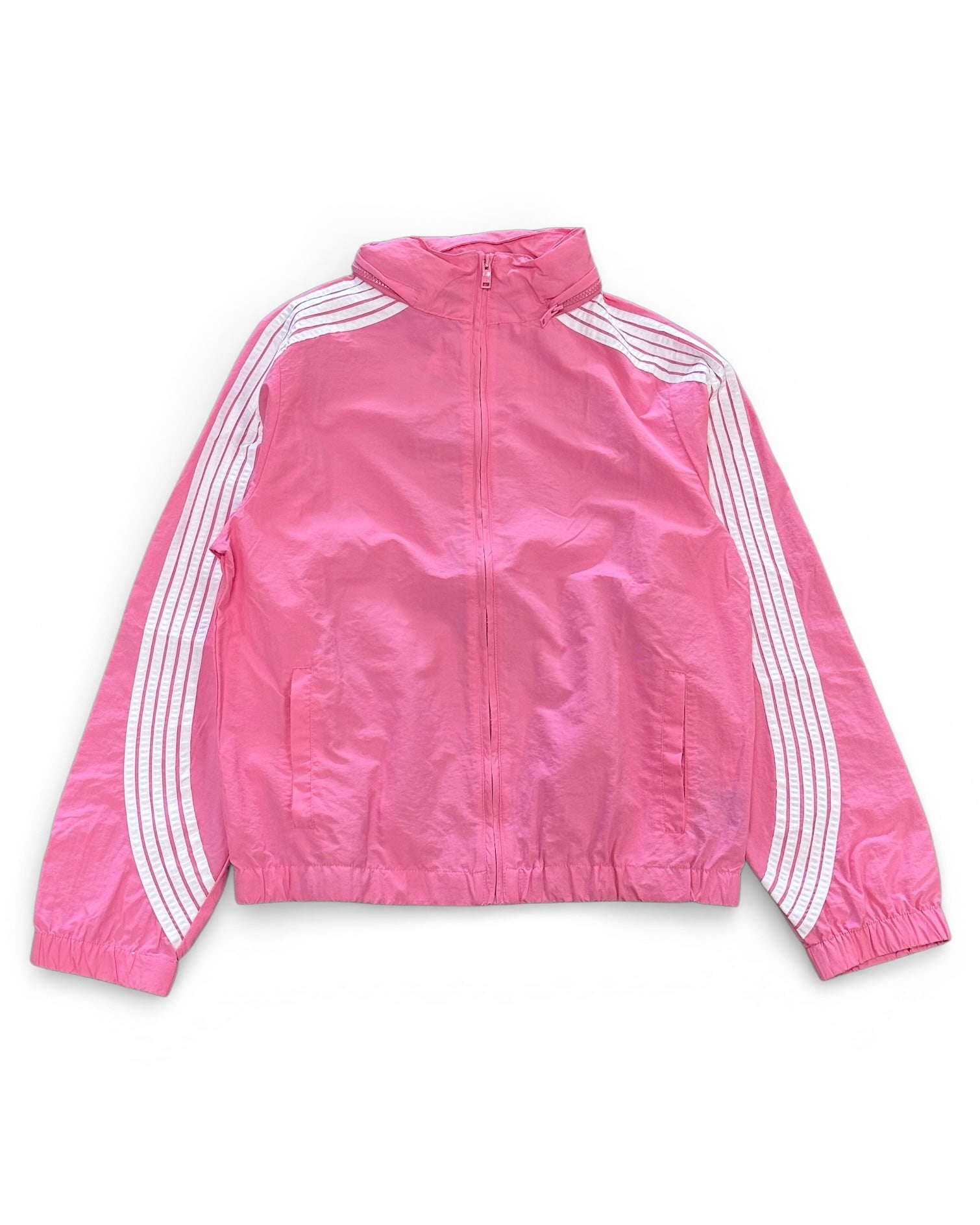 Pink jacket with white stripes on a white background
