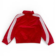 Red jacket with white stripes on sleeves on a white background