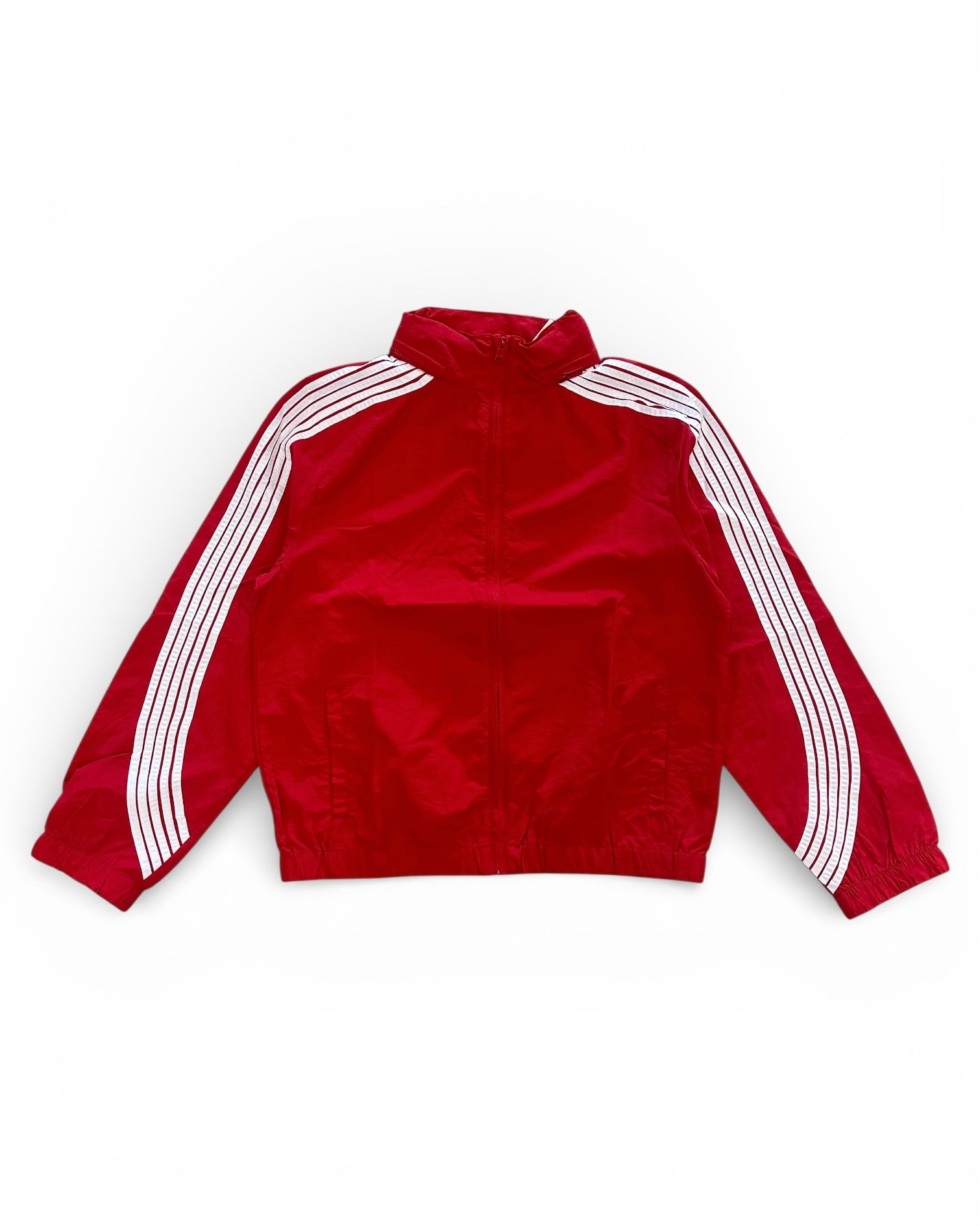 Red jacket with white stripes on sleeves on a white background