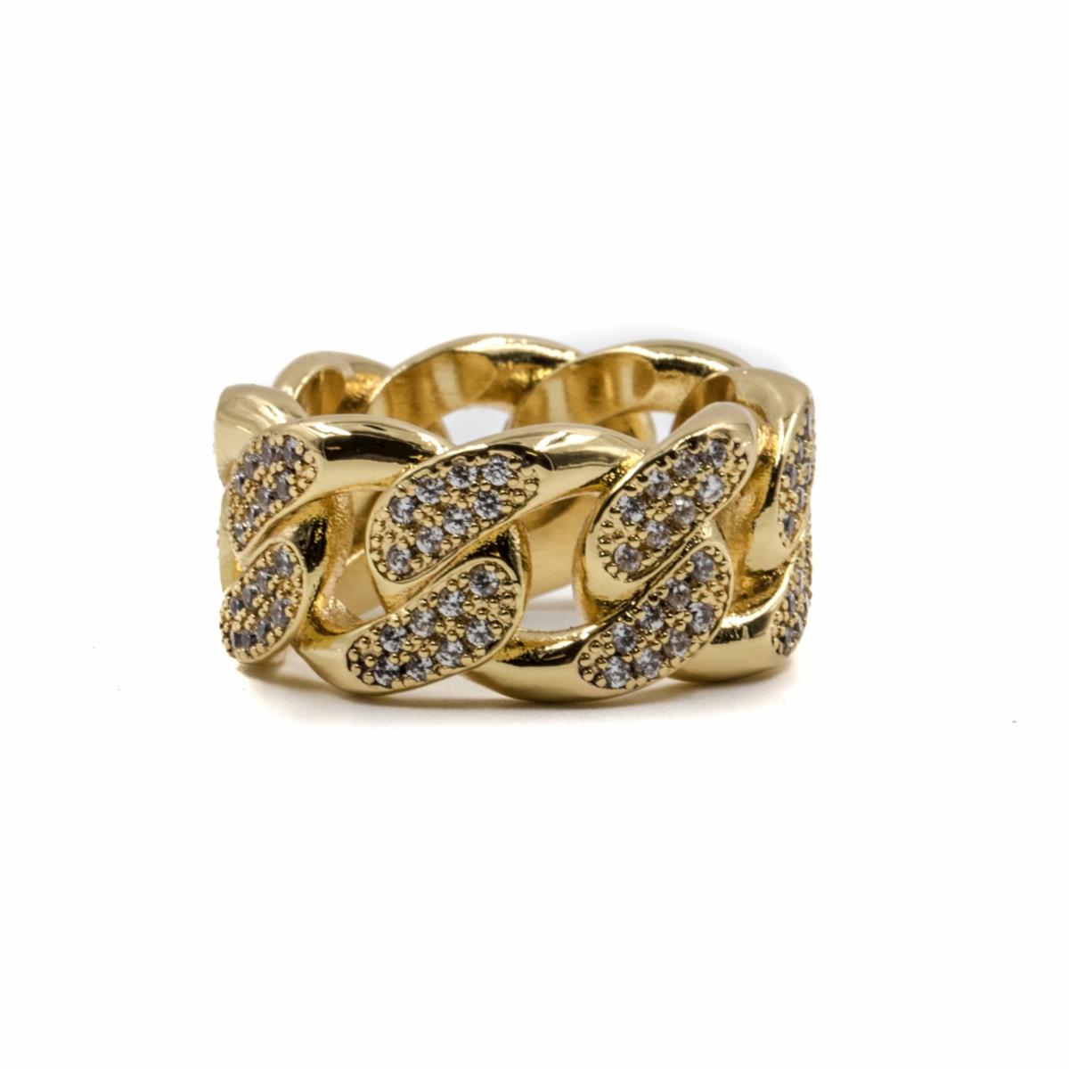 close up of the studded cuban link ring in gold with a white background