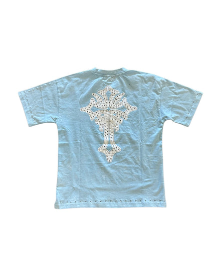 Light blue t-shirt with a decorative white pattern on the back against a white background