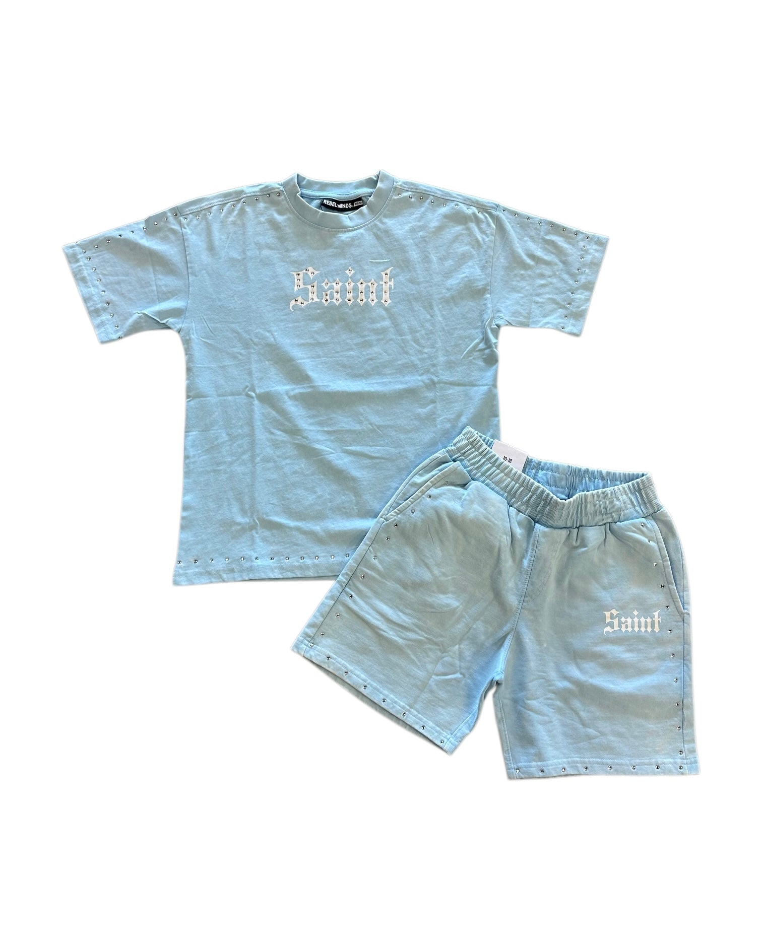 Light blue t-shirt and shorts set with branding on a white background