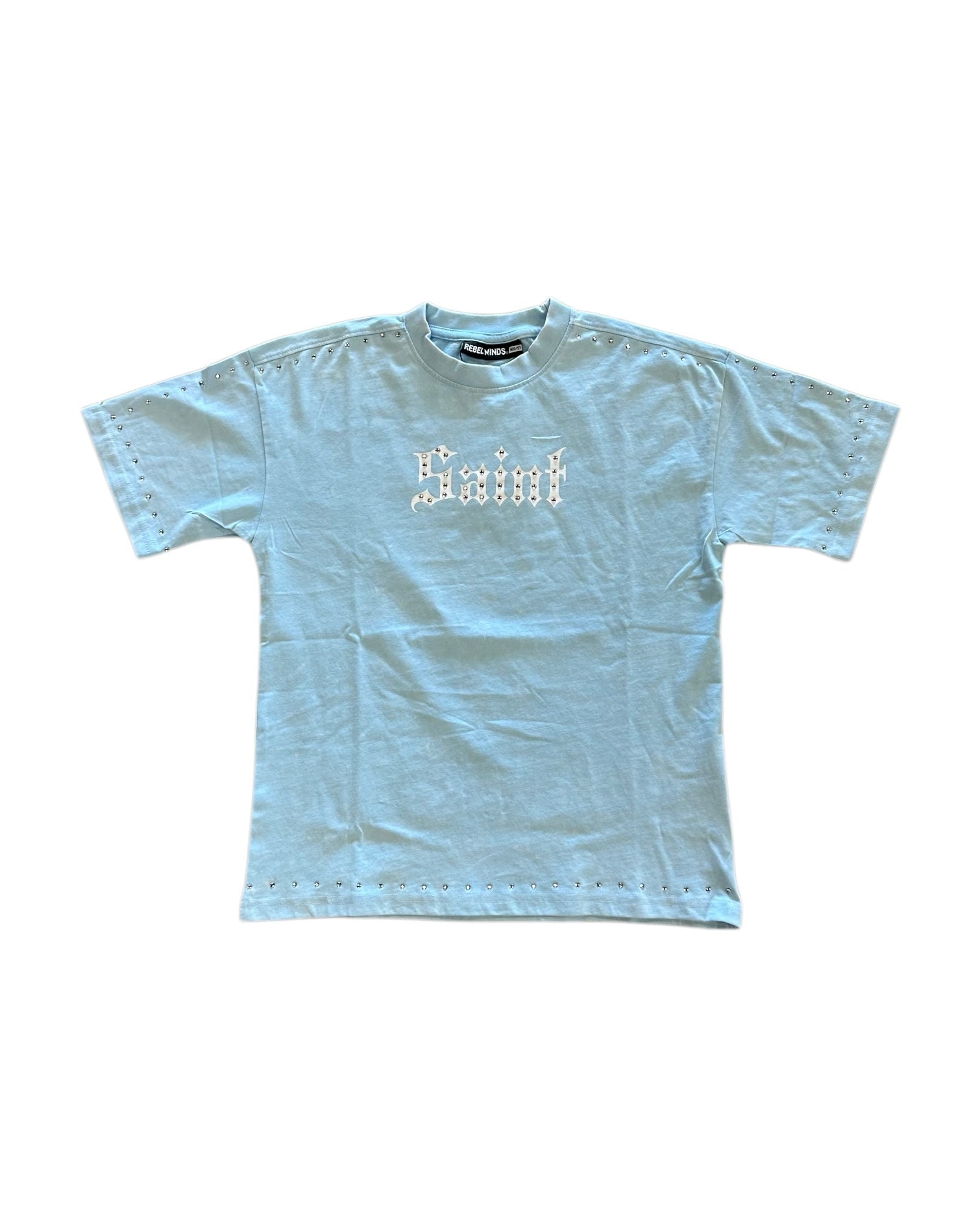 Light blue t-shirt with 'Saint' text on a white background