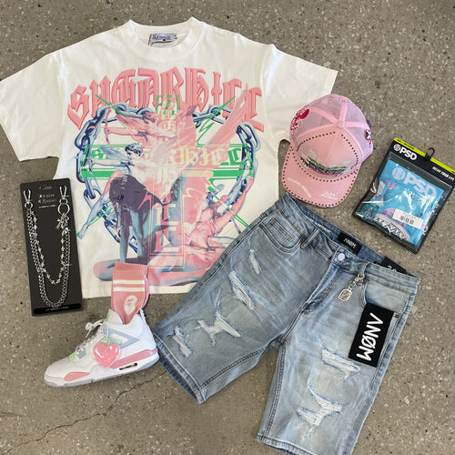 WHITE SUGARHILL TSHIRT WITH BLUE ANOM SHORTS SURROUNDED BY SHOES AND ACCESSORIES