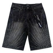 Black denim shorts with starburst pattern on a white background
