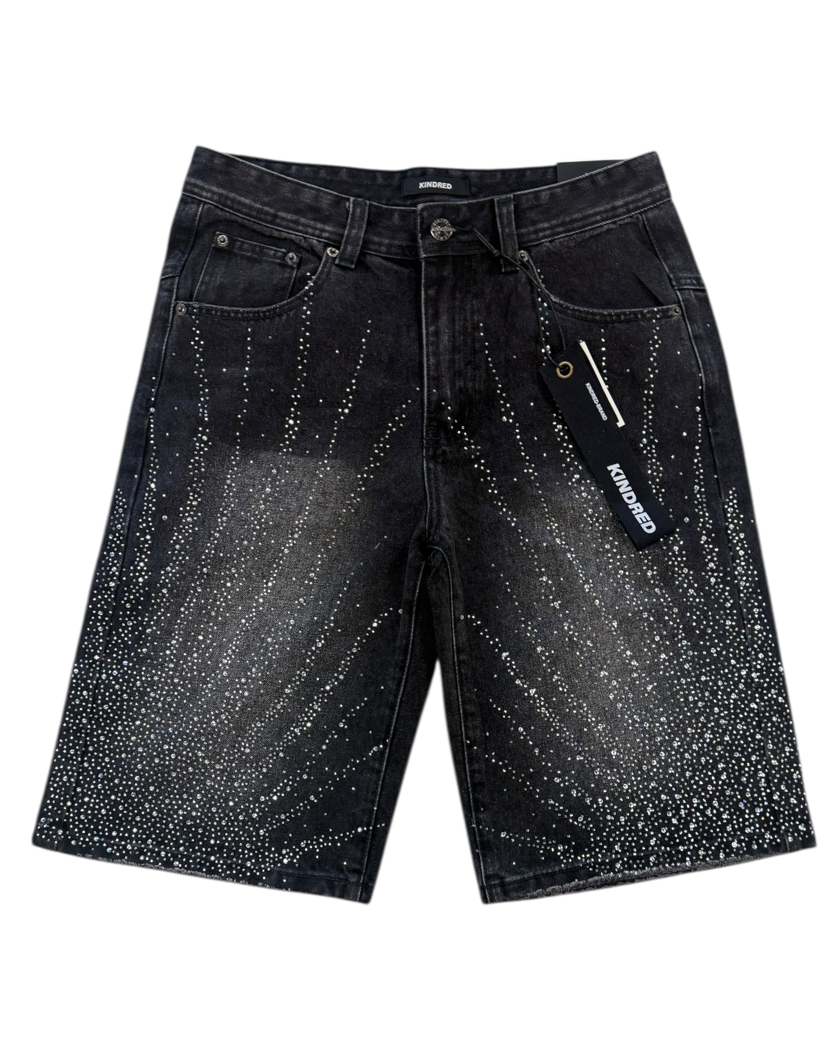 Black denim shorts with starburst pattern on a white background