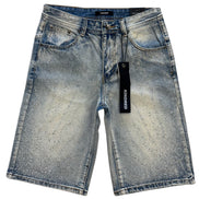 Blue denim shorts with a brand tag on a white background