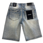 Blue denim shorts with 'Kindred' branding on a white background