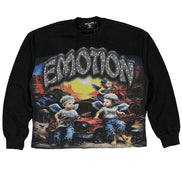 Black sweatshirt with graphic design and 'EMOTION' text on a white background