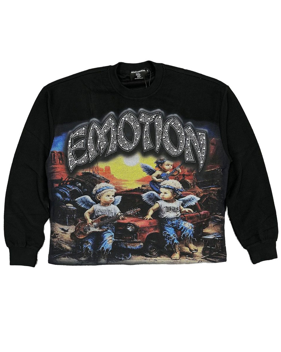 Black sweatshirt with graphic design and 'EMOTION' text on a white background