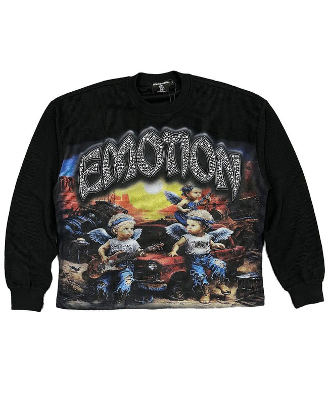 Black sweatshirt with graphic design and 'EMOTION' text on a white background