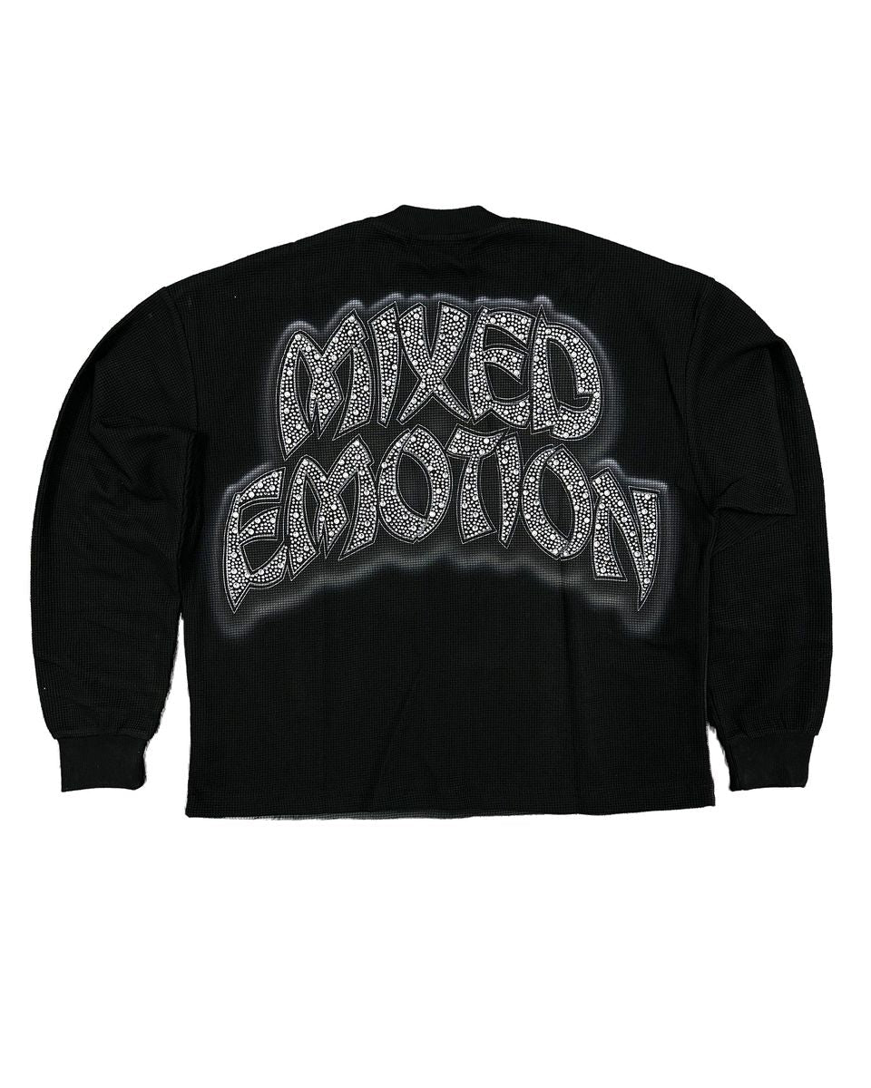 Black sweatshirt with 'MIXED EMOTION' text design on a white background