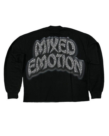Black sweatshirt with 'MIXED EMOTION' text design on a white background
