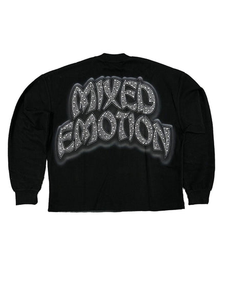 Black sweatshirt with 'MIXED EMOTION' text design on a white background