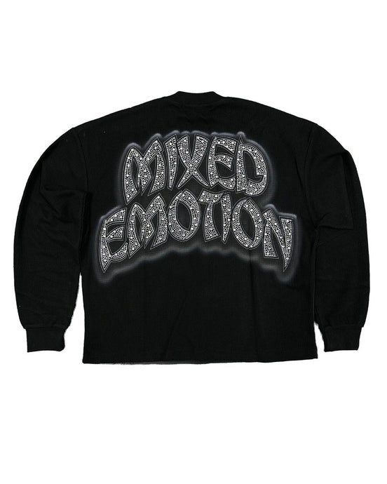 Black sweatshirt with 'MIXED EMOTION' text design on a white background