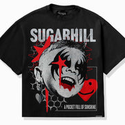 A black short-sleeve graphic t-shirt featuring a stylized clown face with red paint details, the word 'SUGARHILL' in distressed white letters, and a red smiley face on the front.