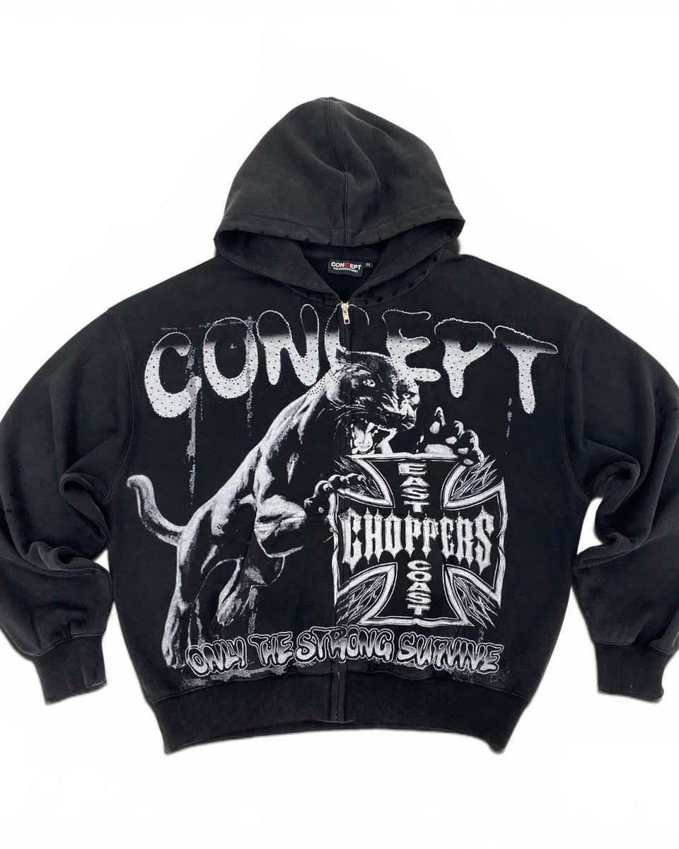 Black hoodie with graphic design and text on a white background
