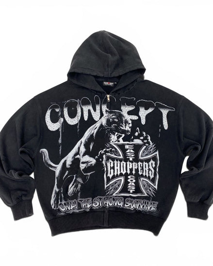 Black hoodie with graphic design and text on a white background