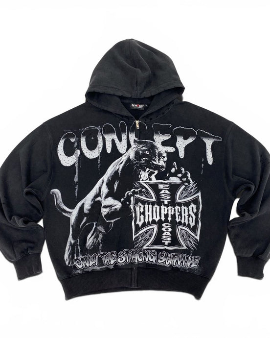 Black hoodie with graphic design and text on a white background
