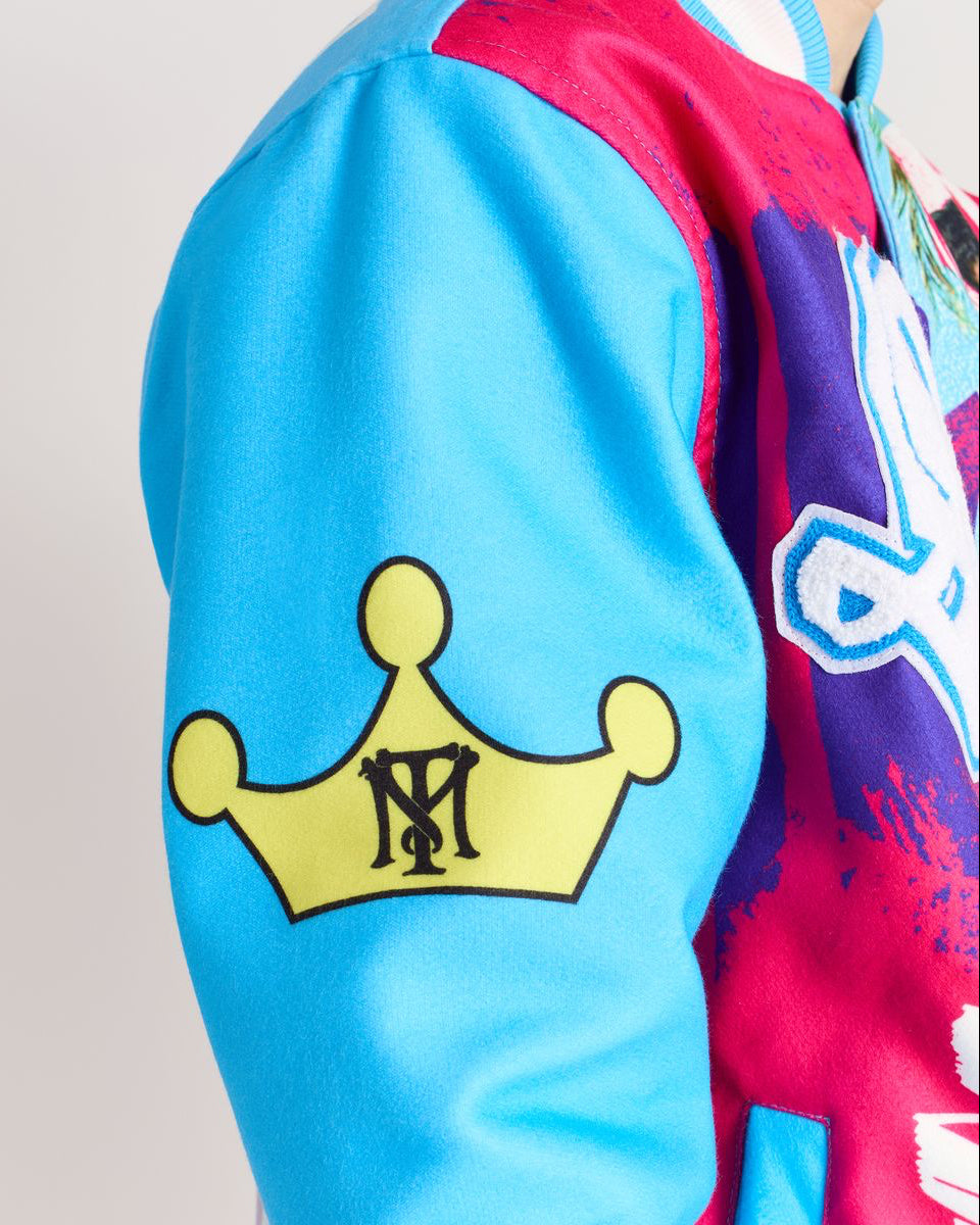 Colorful jacket with a yellow crown logo on a light gray background