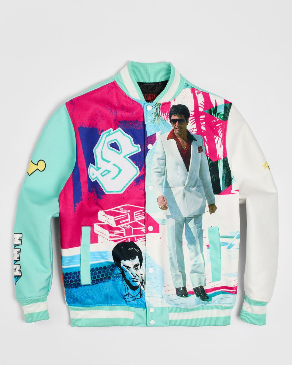 Colorful jacket with graphic designs on a white background
