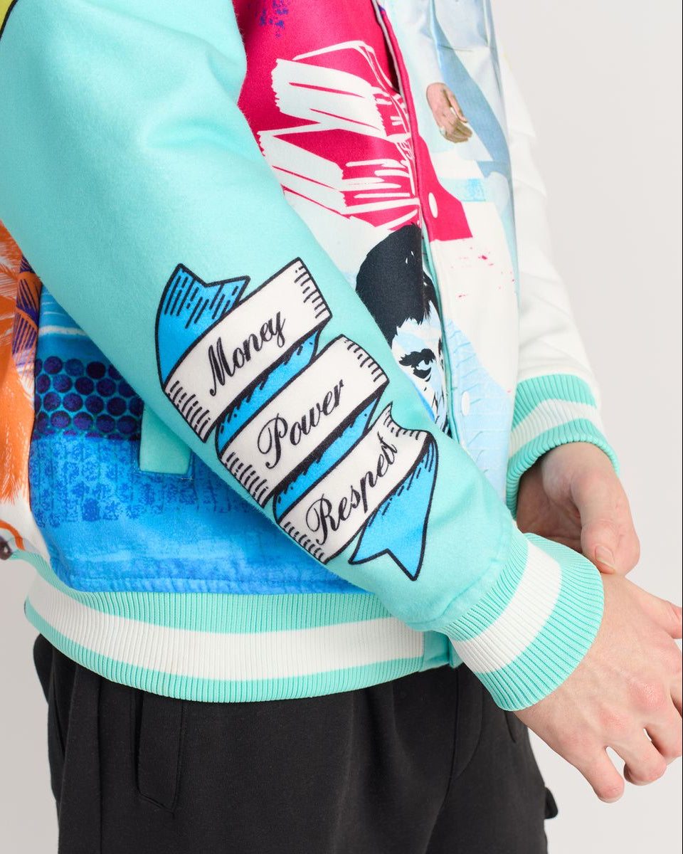 Colorful jacket with text design on sleeve against a neutral background